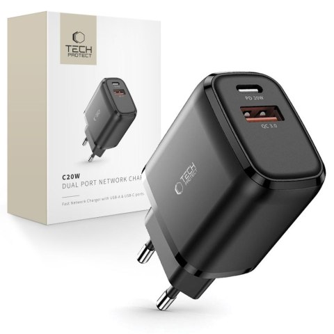 TECH-PROTECT C20W 2-PORT NETWORK CHARGER PD 20W / QC3.0 BLACK Tech-Protect