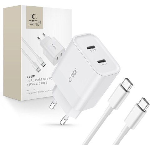 TECH-PROTECT C20W 2-PORT NETWORK CHARGER PD 20W + TYPE-C CABLE WHITE Tech-Protect