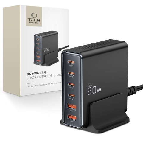 TECH-PROTECT DC80W-GAN 6-PORT DESKTOP CHARGER PD 80W / QC3.0 BLACK Tech-Protect