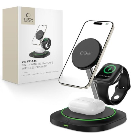 TECH-PROTECT QI15W-A46 3IN1 MAGNETIC MAGSAFE WIRELESS CHARGER BLACK Tech-Protect