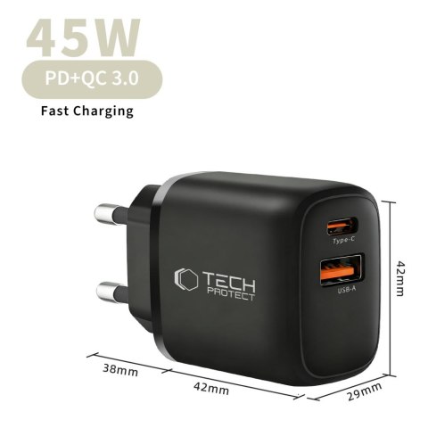 TECH-PROTECT NCA45W-GAN 2-PORT NETWORK CHARGER PD 45W / QC3.0 BLACK Tech-Protect