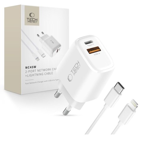 TECH-PROTECT NCA45W-GAN 2-PORT NETWORK CHARGER PD 45W / QC3.0 + LIGHTNING CABLE WHITE Tech-Protect
