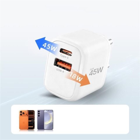TECH-PROTECT NCA45W-GAN 2-PORT NETWORK CHARGER PD 45W / QC3.0 + LIGHTNING CABLE WHITE Tech-Protect