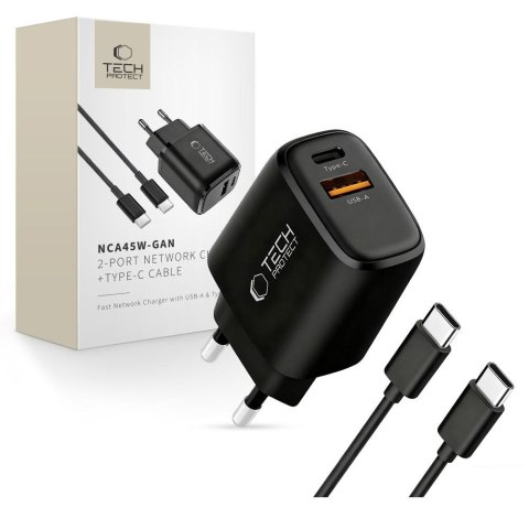 TECH-PROTECT NCA45W-GAN 2-PORT NETWORK CHARGER PD 45W / QC3.0 + TYPE-C CABLE BLACK Tech-Protect