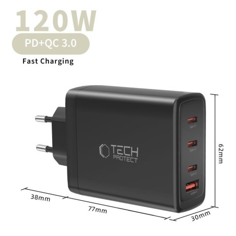 TECH-PROTECT NC120W-GAN 4-PORT NETWORK CHARGER PD 120W / QC3.0 BLACK Tech-Protect