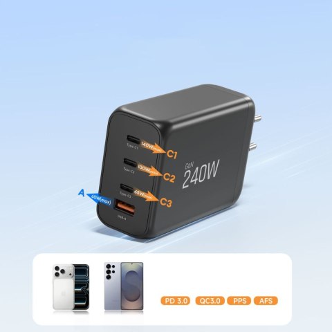 TECH-PROTECT NC240W-GAN 4-PORT NETWORK CHARGER PD 240W / QC3.0 BLACK Tech-Protect