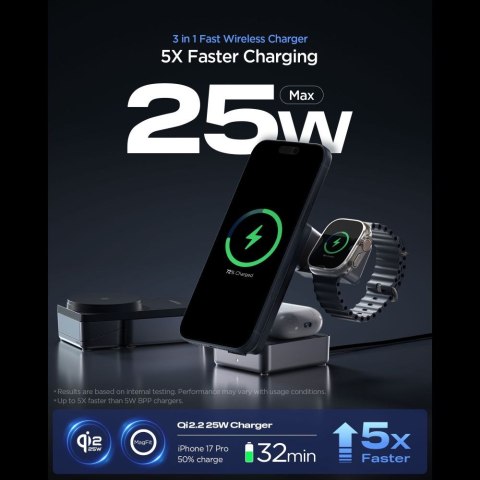 SPIGEN EF323MQ ESSENTIAL 3IN1 MAGNETIC MAGSAFE WIRELESS CHARGER 25W QI2.2 BLACK Spigen