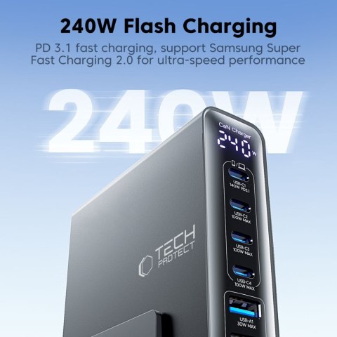 TECH-PROTECT DC240W-GAN 6-PORT DESKTOP CHARGER PD 240W / QC3.0 BLACK Tech-Protect
